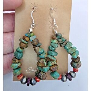 Turquoise Nugget Dangle Earrings Red‎ Coral Navajo Pearls 2" Long Tear Boho NWOT